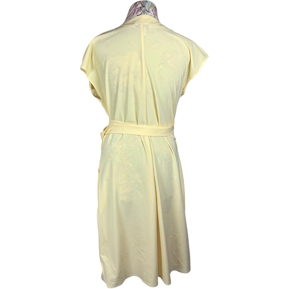 Athleta Newport Wrap Dress Yellow Pinstripe Short Sleeve Belted Midi Athletic L - Picture 8 of 9